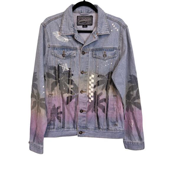 Brooklyn Cloth Co. Trucker Jean Jacket Mens M Blue Denim Graffiti Palm Tropical - Picture 1 of 8